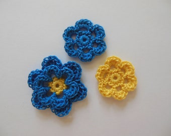 Crocheted Flower Combo - Blue Hawaii and Bright Yellow - Cotton Flowers - Crocheted Flower Appliques - Crocheted Flower Embellishments