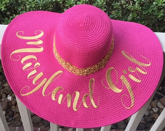 Pink and Gold Floppy Hat - Mermaid or Customize your Monogram - Beach Hat - Sun Hat - LARGE Floppy Hat - Wedding Gift
