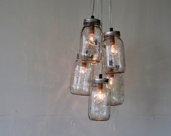 Mason Jar Chandelier, 6 Jar Cluster, BootsNGus Hanging Mason Jar Pendant Lighting Fixture, Bulbs Included