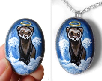 Ferret Necklace, Pet Portrait, Angel Jewelry, Animal Painting, Hand Painted Pebble Art, Pet Loss, Memorial Gift for Her, Blue Pendant