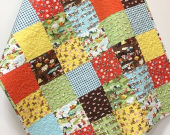 Farm Boy Baby Quilt-Country Nursery Crib Bedding-Farm Animals-Patchwork Handmade-Tractor-Cows-Pigs-check-Gender Neutral