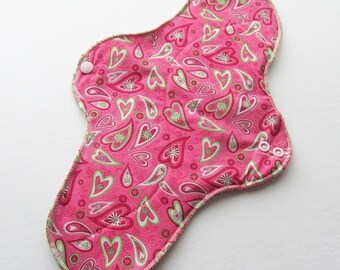Mama Cloth Pad With Wings .. 14 inches Postpartum Heavy Flow - Pink Whimsical Hearts FREE SHIPPING
