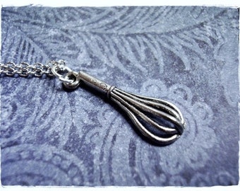 Silver Whisk Necklace - Antique Pewter Whisk Charm on a Delicate Silver Plated Cable Chain or Charm Only