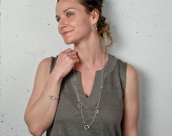 Long Sterling Silver Layering Necklace - Station Necklace - Long Necklace - Sterling Silver Circles Long Necklace - Long Chain Necklace