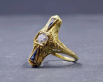 Yellow Gold, 18 Kt, Diamond, Sapphire, Filigree, Vintage, Ring