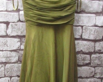 gorgeous silk MONSOON olive green silk DRESS size16uk -lined, strappy, ruffled waist detail,lined