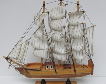 Vintage Mid Wooden Three-Masted Sailing Boat, Wooden Ship, Ship Souvenir, Model Sailing Ship, Collectibles Wooden Sailboat, Sea Souvenir