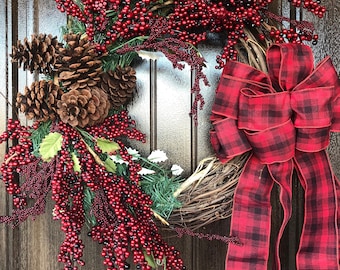 Winter Wreath Buffalo Check Bow