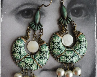 Earrings Tile Portugal Azulejo Chandelier Ilhavo, SAGE Green Portuguese Pearls - Ships from USA Gift Box Included