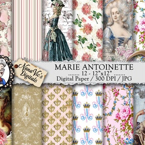 Marie Antoinette Digital Papers: shabby chic vintage collage sheet, Queen of France toile patterns, journal Scrapbooking paper, Photography