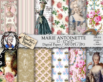 Marie Antoinette Digital Papers: shabby chic vintage collage sheet, Queen of France toile patterns, journal Scrapbooking paper, Photography