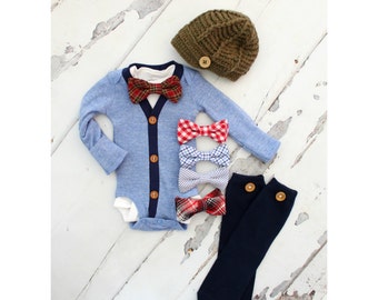 Newborn Baby Boy Coming Home Outfit Set of up to 4 Items. Cardigan Bodysuit, Bow Tie Bodysuit, Leg Warmers & Knit Newsboy Hat. Summer
