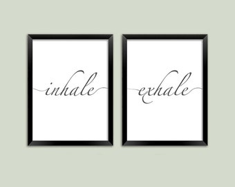 INHALE EXHALE PRINTS: Black and White Breathe Typography Art Posters