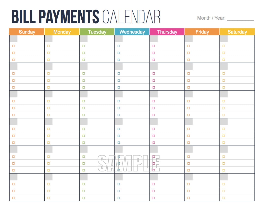 Bill Payments Calendar EDITABLE Personal Finance