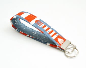 Lighthouse and Anchors Key Fob - 5 Inch Key Ring Wristlet - Loop Keyring - Cute Key Strap - Short Nautical Wrist Lanyard - Blue, Red, White