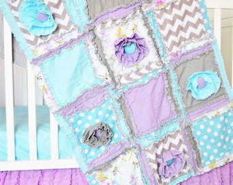Baby Girl Crib Set - Turquoise / Gray / Light Purple - Bumperless Crib Set /Quilt / Sheet / Skirt