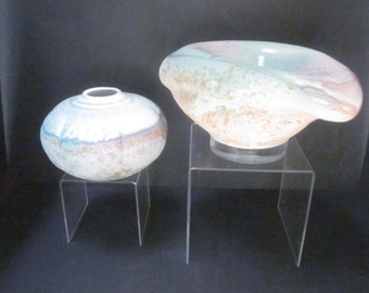 Tony Evans Lucite & Raku Ceramic Pots - A Pair modernist organic fluid sculptural art vessel sculpture bowl SET