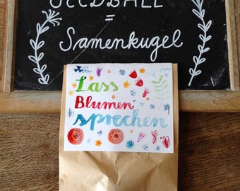 Lass Blumen sprechen: Samenkugel in schön gestalteter Papiertüte, enthält ca. 20 bis 30 Blumensamen in Erde und Ton, als Geschenk