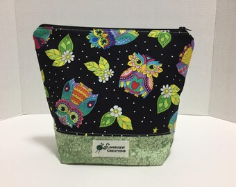 Wedge Bag, Zippered Bag, Knitting Project Bag, Small Project Bag, Sock Size, Owls
