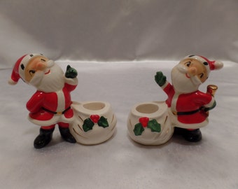 Pair of 1958 Holt Howard Santa Claus with Bags Porcelain Taper Candle Holders -Holt Howard, Made in Japan