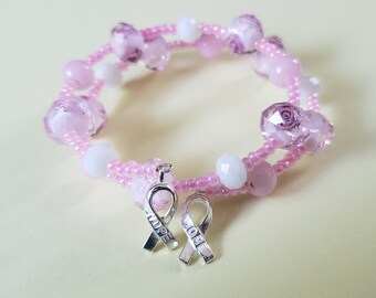 Hope Ribbon Breast Cancer Awareness Beaded Glass Floral Bracelet