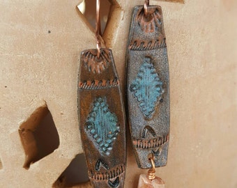 Hand Tooled Leather Earrings - Southwestern - Faceted Moonstone - Copper - Jewelry by Heart of a Cowgirl