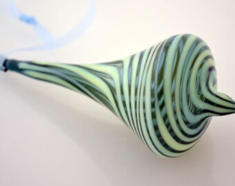 Hand Blown Green Striped Glass Ornament, Blown Garden Ornament, Art Glass Ornament, Teal Suncatcher, Striped Ornament, Handmade Ornament