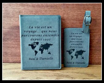 Passport Cover and Luggage Tag Set, French Personalized Leather Passport Holder and Luggage Tag, Bride, Groom Gift, Anniversary, Christmas