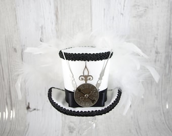 Black and White Steampunk Medium Mini Top Hat Fascinator, Alice in Wonderland, Made Hatter Tea Party, Derby Hat