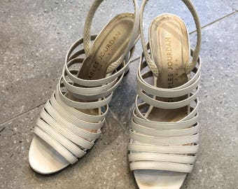 Vintage Charles Jourdan White Leather Slingback Sandal Heels, 70s Women Shoes