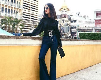 Women's High Waisted Flared Bell Bottoms Jeans - Vintage 70s fashion Hand made All sizes