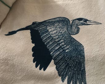 Tea Towel, Screen Printed Flour Sack Towel, Blue Heron, bird, handmade, eco-friendly, kitchen towel, dish towel