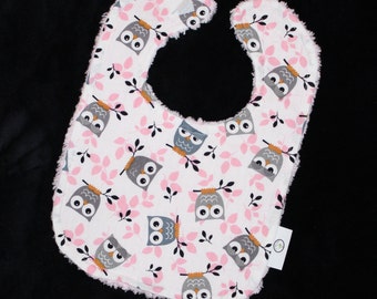 Pink and Gray Owls Fabric and Chenille Boutique Bib