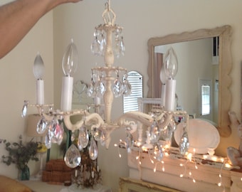 SHABBY CHIC CRYSTAL CHANDELIEr / Vintage Shabby Chic Crystal Chandelier / Paris Apt Cottage Style at Retro Daisy Girl