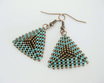 Peyote Earrings / Peyote Triangle Earrings in Turquoise and Brown / Beaded Earrings / Beadwoven Earrings / Seed Bead Earrings /