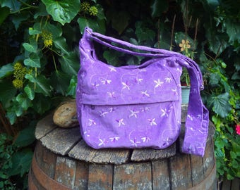Lilac floral corduroy shoulder bag,zippered bag