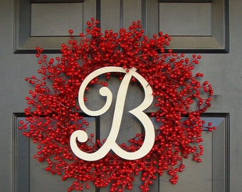 Door Wreath- Monogram Wreath- Red Berry Wreath- Christmas Wreath- Holiday Wreath- Valentine's Day Wreath- Monogram Letter
