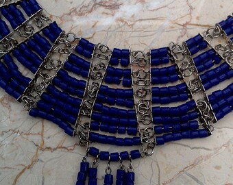 Silver Tone Blue Beaded Chainlinks Boho Bib Necklace // Costume Jewelry