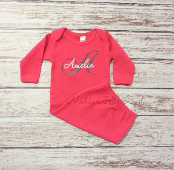 Girls Hot Pink Monogrammed Baby Gown Embroidered