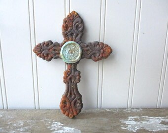 6 inch cross cast iron faux rust verdigris wall hanging metal cross brown Spiritual Divine Religious Rustic decor small cross SMR3