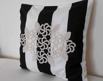 Black and White Striped Pillow, Modern Home Decor, Crochet Throw Pillow, Decorative Pillow, Designer Pillow, Lace Pillow, 18 x 18 Pillow