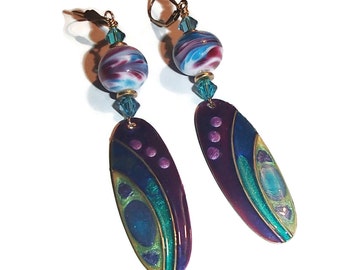 Long Dangle Earrings Painted Metal Earrings Lampwork Earrings OOAK E85