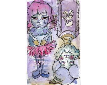 Original Watercolor Illustration - sad clowns Art by Ela Steel - purple pink strange lowbrow art