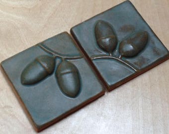 Acorn tiles set of 2 craftsman dark green verdigris patina tile for fireplace, kitchen & bath