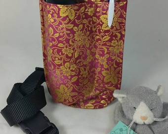 Left hip single 8oz lotion bottle hip holster, pen pocket, back pocket, gold floral vine, black belt