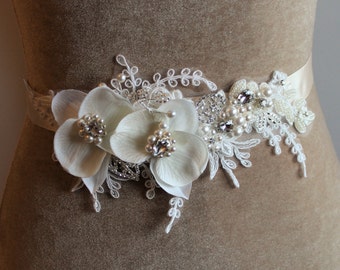 ON SALE Bridal Sash, Bridal Belt, Wedding Belt, Wedding Sash, Beach Wedding Sash Belt,Ivory Floral Sash, Floral belt, Dress Belt - ORCHID
