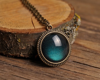 Tiny dark green pendant, antique brass necklace, glass dome pendant, antique brass pendant, glass dome necklace, dark green necklace