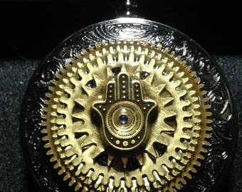 Moon Glory Gears Mechanical Pocket Watch, Hamsa Hand Design