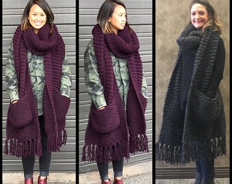 Chunky knit scarf, oversized knit scarf, winter scarf, big scarf, chunky scarf with pockets, oversized scarf with pockets
