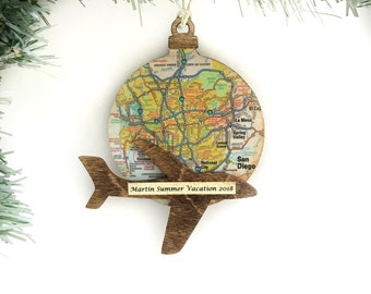 Plane Ornament, Personalized Vacation Ornament, Travel Map Ornament, Airplane Ornament, Trip Ornament, Personalized Travel Ornament